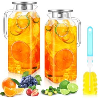Imagem de Nuogo Pacote com 2 jarras de vidro quadradas de 2 litros/1,927 g com tampa, bico de água, jarra de vidro borossilicato para chá e café, servir, leite, água, suco, jarro para bebidas quentes/frias com