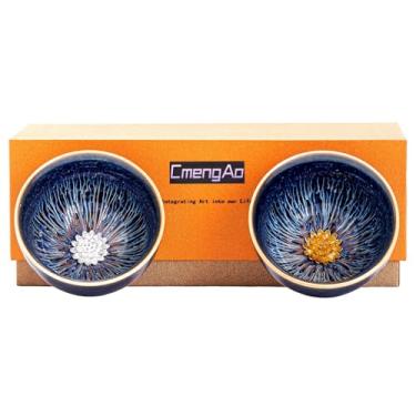Imagem de Conjunto de xícaras de chá Tenmokus Lotus feitas à mão, estilo chinês tradicional Jianzhan em forno de cerâmica pequenas para cerimônia de chá de Gongfu, conjunto de 2 (chapéu)