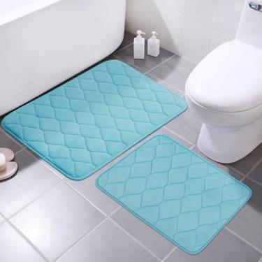 Imagem de BSAOUTZ Conjunto de 2 peças de tapete de banheiro, antiderrapante de espuma de memória, tapetes de banheiro laváveis e absorventes macios para banheiro e chuveiro, azul claro