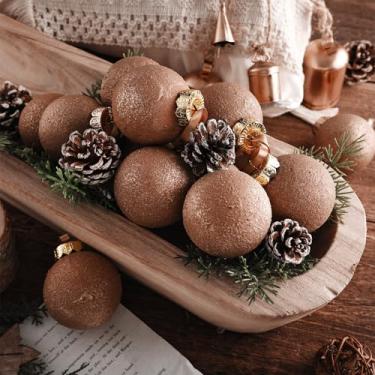 Imagem de Yunlly 12 peças de bolas de Natal de cobre marrom ornamentos vintage terracota texturizada decoração de árvore de Natal bola pendurada à prova de estilhaçamento com laço para guirlanda de natal neutra