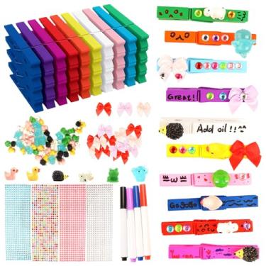 Imagem de hhdatc Conjunto de 60 peças de alfinetes de roupas de torcida mini clipes de espírito de líder de torcida com pinos de madeira, decorações de animais de resina, adesivos autoadesivos e canetas para