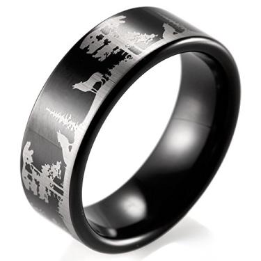 Imagem de SHARDON Anel masculino de tungstênio preto de 8 mm com lobos gravados na floresta, platina, ouro, titânio, metal, tungstênio, carboneto de tungstênio