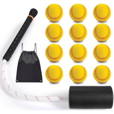 Imagem de Taco de treino de swing de beisebol e softbol - Equipamento de treino de rebatidas - Inclui taco de treinamento de corda com 12 bolas de treinamento e sacola, ferramenta de treinamento, auxílio para