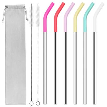 Imagem de Canudos de metal inoxidável de 1,134 g para copo Stanley de 1,134 g, 6 canudos de aço longos retos reutilizáveis com 12 pontas de silicone e 2 escovas de limpeza de palha (6 cores3, 1,134 g)