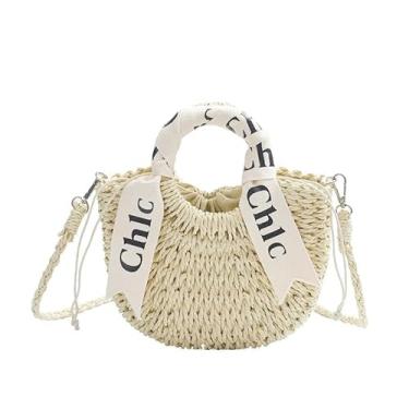 Imagem de Eiyye Bolsas de ombro femininas bolsa de palha bolsa transversal de tecido bolsa de verão bolsas de praia (off-white), Off-white