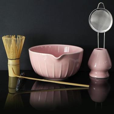 Imagem de Conjunto de 7 peças de batedor matcha – kit matcha de cerâmica com tigela, batedor, suporte, colher de bambu, descanso, peneira e toalha de chá – elegante conjunto de presente Matcha para mulheres