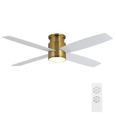 Imagem de WINGBO Ventilador de teto CC de montagem embutida de 132 cm com luzes e controle remoto, 4 lâminas reversíveis, motor CC ultra silencioso de 6 velocidades, ventilador de teto interno de baixo perfil