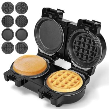 Imagem de Mini máquina de waffles com 8 pratos removíveis, máquina de waffle pequena dupla 4 em 1, mini waffle, waffle de coração, panqueca, donut, ferro de waffle antiaderente de 12,7 cm para crianças, use um