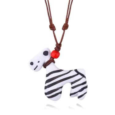 Imagem de Colar de cavalo de zebra de cerâmica, colar de corda com pingente de pônei, de couro, ajustável, kawaii, feito à mão, presentes temáticos de animais para donos de animais de estimação, lembrança