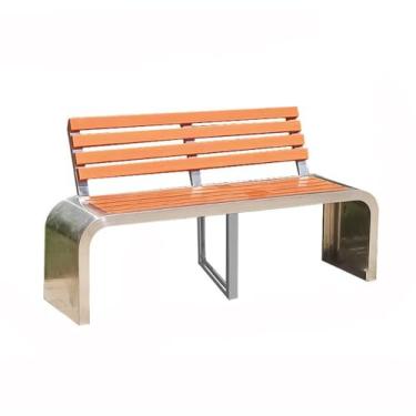 Imagem de Banco de jantar para área externa com encosto, assento de aço inoxidável, madeira marrom, móveis de assento ao ar livre