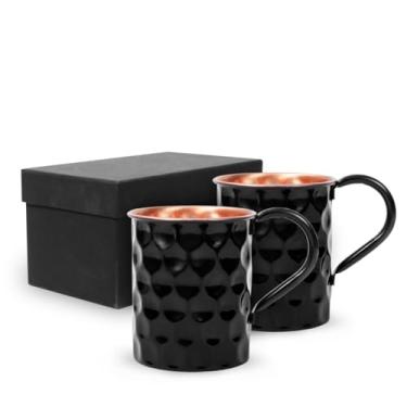 Imagem de Conjunto de canecas de cobre premium pretas de 59 – 473 ml em forma de diamante, feito à mão para Moscow Mule, coquetéis, café gelado e bebidas frias – Presente elegante de cobre preto para ele ou ela