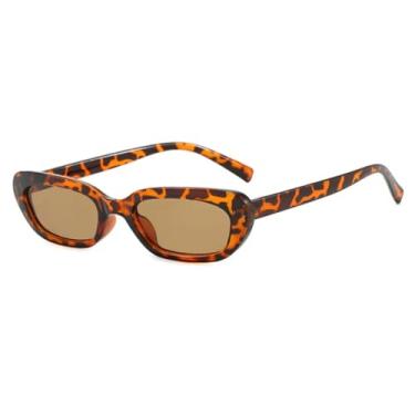 Imagem de Óculos de sol gatinho pequeno, fashion, feminino, uv400, retrô, azul, verde, masculino, retangular (chá de leopardo)