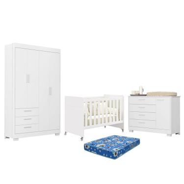 Imagem de Dormitório Zaki Guarda Roupa, Cômoda E Berço Evolution Com Colchão Physical - Reller Móveis Branco Fosco