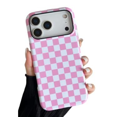 Imagem de Longlayss Compatível com 17 Pro Case Linda Estética Checkerboard Capa de Telefone para Mulheres Meninas À Prova de Choque Fina TPU e Capa Protetora de PC Rígido (Rosa)