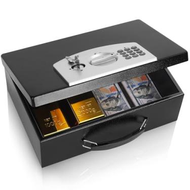 Imagem de Dalmbox Cofre de metal portátil com trava de código digital, armazenamento resistente ao fogo para documentos, cofre à prova de fogo, carro, casa, escritório e exterior, caixa preta, pequena