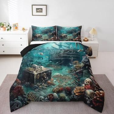 Imagem de Erosebridal Jogo de cama solteiro com navio pirata, veleiro náutico, para decoração de quarto de meninos, adolescentes, veleiro, oceano, oceano, edredom com 1 fronha