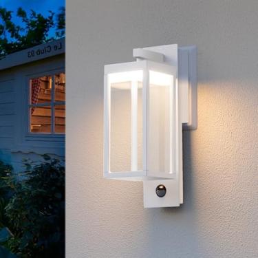 Imagem de Luz de parede externa com sensor de movimento à prova d'água de alumínio LED para varanda com detector de movimento PIR, arandelas de parede externas para pátio, quintal, garagem (branca)
