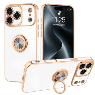 Imagem de KANGHAR Capa compatível com iPhone Air com suporte de anel de telefone proteção total banhada a ouro rosa borda luxuosa com suporte projetada para iPhone Air 5G mulheres homens - branco antigo