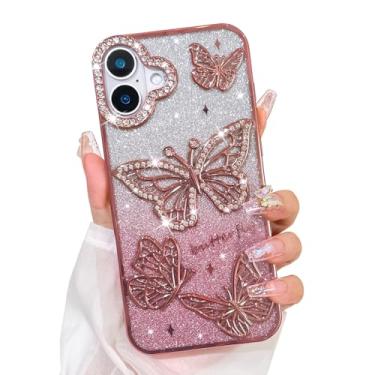 Imagem de Bonoma Capa com glitter para, linda capa com estampa de borboleta 3D, proteção da câmera, capa traseira macia e brilhante para mulheres e meninas, rosa
