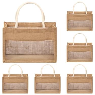 Imagem de ZFLYCANP 6 sacolas de estopa com janela de PVC transparente, 32 × 22 × 13 cm, reutilizáveis e resistentes, não danificam facilmente bolsas de juta DIY para despedida de solteira