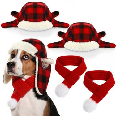 Imagem de SilTriangle Conjunto de 2 chapéus de Natal para cães com protetores de ouvido e cachecol de malha vermelho e preto xadrez para animais de estimação quente ajustável para cães de inverno para cães