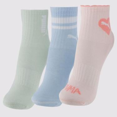 Imagem de Kit Meia Puma Cano Longo 3 Pares Infantil Rosa Azul e Verde, 25-28