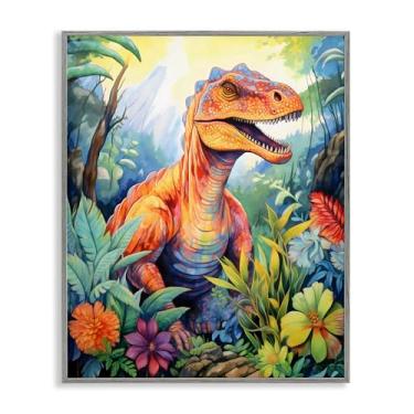 Imagem de Stupell Industries Arte giclée emoldurada cinza selva verde com folhas de dinossauro, design por Creative Studio, 14 x 11