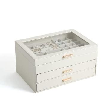Imagem de CASEGRACE Caixa de joias para mulheres, 3 camadas de gaveta dupla organizadora de joias tampa transparente, grande caixa de exibição de joias para colar, pulseira, brincos, anéis para armazenamento para cômoda, branca