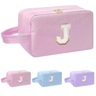 Imagem de I IHAYNER Bolsa de maquiagem inicial para mulheres, presentes de aniversário para meninas de 4, 5, 6, 7, 8, 9, 10, 11, 13, 14 anos, bolsa de cosméticos, bolsa de higiene pessoal, rosa, J, J