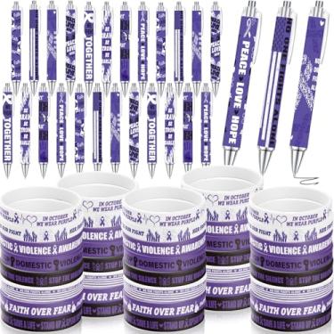 Imagem de AFRITEE Fita de conscientização sobre violência doméstica - Conjunto de 64 pulseiras roxas de conscientização sobre violência doméstica, conjunto de pulseiras de fita roxa e caneta para eventos de