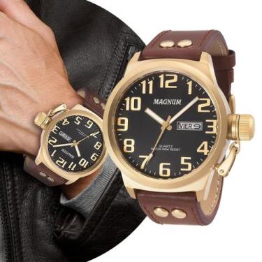 Imagem de Relógio Masculino Dourado e Marrom Analógico de Pulso Pulseira de Cour