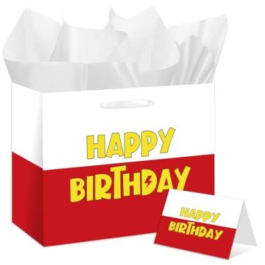 Imagem de HSKMAKE Saco de presente de aniversário de animação de desenho animado grande vermelho branco para lembrancinhas de festa, desenho animado, feliz aniversário, presente com cartão de felicitações