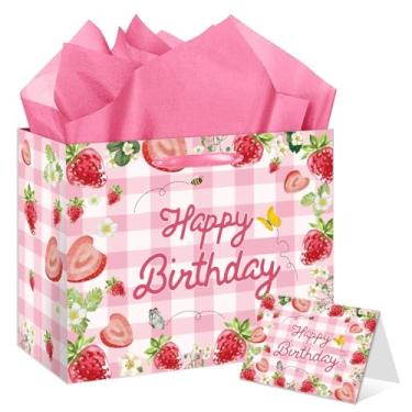 Imagem de HSKMAKE Bolsa de presente de aniversário de morango grande rosa para presente de feliz aniversário, bolsa de morango com cartão de felicitações, papel de seda para mulheres, meninas, adolescentes