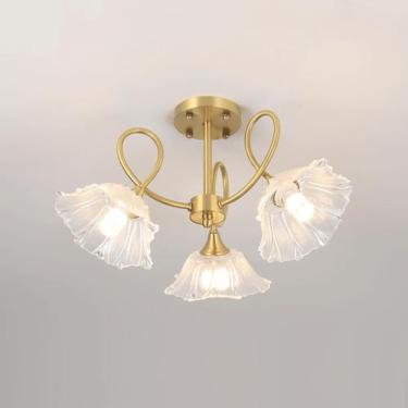 Imagem de Luminária de teto semi-embutida Sputnik de latão moderno de meados do século, abajur de vidro em forma de flor, luminária de teto E14, lâmpadas de lustre