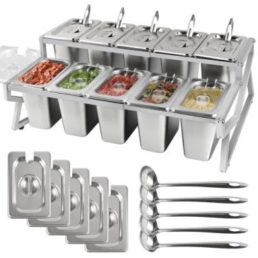 Imagem de Kalolary Estação de armazenamento com 10 formas de pizza, 2 fileiras de recipientes ajustáveis de aço inoxidável para condimentos com tampas, colheres de gelo, recipiente de exibição de comida de gelo