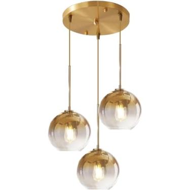 Imagem de Luminária pendente de vidro com 3 luzes, lustre moderno, conjunto de luzes pendentes de vidro gradiente dourado, escada, luminária de teto vintage para cozinha, ilha, sala de jantar, quarto,