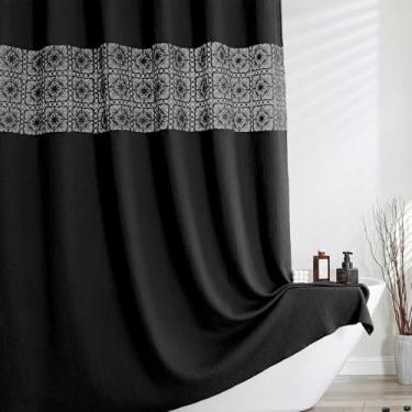 Imagem de OVZME Cortina de chuveiro preta de Halloween 182 cm de comprimento para banheiro, cortinas de chuveiro de tecido enrugado texturizado pesado com corte bordado, lavável na máquina, elegante cortina de