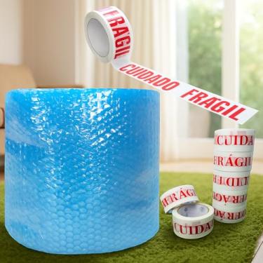 Imagem de Plástico Bolha Azul, 40 x 100 m, com Fita Cuidado Frágil, 48 x 50 m