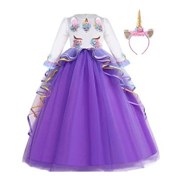 Imagem de Fantasia de unicórnio FMYFWY para meninas, aniversário, concursos, festas, Halloween, Natal, maxi vestido de tule com tiara, Roxa, 8-9 Years