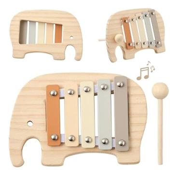 Imagem de Xilofone Infantil em Madeira Formato Elefante, 5 Teclas, com Baqueta, Brinquedo Musical Educativo Montessori