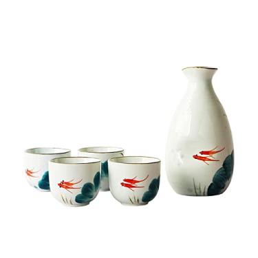 Imagem de JOEUQK Conjunto de 5 peças de saquê, padrão tradicional de peixe dourado pintado à mão, conjunto de copos de saquê, com 4 copos de saquê, 1 pote de saquê