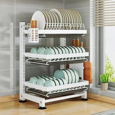 Imagem de WZYCLTT Escorredor de pratos com bandeja coletora, suporte para copos, suporte para utensílios, grande capacidade para bancada de cozinha, economizando espaço, 3 níveis (branco)