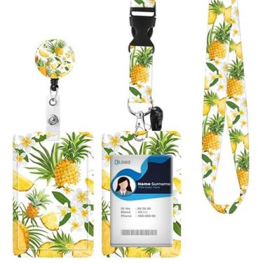 Imagem de Porta-crachá de identificação com cordão retrátil e chaveiro, carretel de crachá com clipe de mosquetão giratório, flores tropicais, abacaxi, crachá, crachá, protetor de identidade, clipes para
