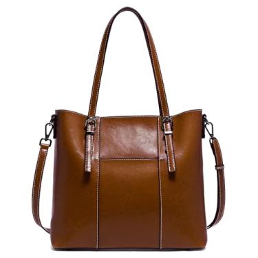 Imagem de Bolsa feminina de couro legítimo, bolsa grande para trabalho com vários compartimentos, bolsa transversal, Marrom