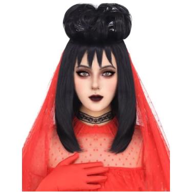 Imagem de YUPEWG Lydia Deetz perucas femininas cosplay preto peruca com coque comprimento médio reta besouro peruca com franja com tampas de peruca perucas macias bonitas para festa Halloween