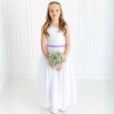 Imagem de Vestido Infantil Longo Branco com Tule e Cinto Vermelho Daminha Casame