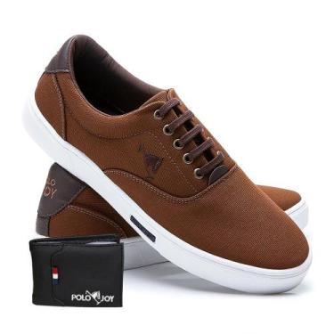 Imagem de Kit Tênis Masculino Polo Joy Lona Amarração + Carteira, 46, Marrom