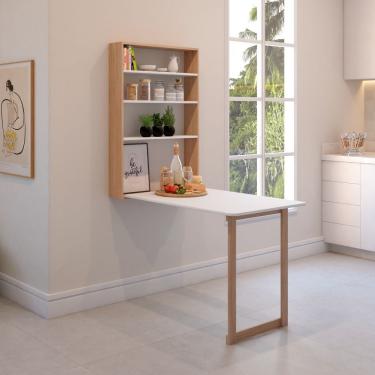Imagem de Mesa De Parede Para Cozinha Com Prateleiras Branco-amadeirado
