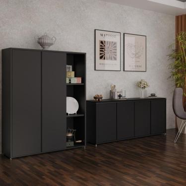 Imagem de Conjunto Sala De Jantar 2 Peças Armário Alto E Buffet Balcão - Preto Preto