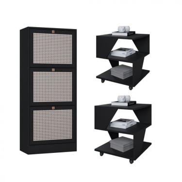 Imagem de Kit Sapateira Spin Tropical 3 Portas E 2 Mesas De Cabeceira Preto